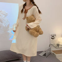 Yasuk ฤดูร้อนแฟชั่นผู้หญิงสบายๆน่ารักยาว Nightdress Nightgown ชุดนอนแขนสั้น Bow Simple Soft