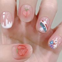 【HANDMADE】Artificial Nail Phototpy Nails patch short rainbow peach nail sticker detachable manicure