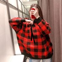 TRAF Za Red Plaid Knitted Sweater Women Hooded Sweater Woman  Basic Sweatshirts Oversize Vintage Long Sleeve Warm Pullovers