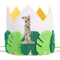 2023 Jungle Theme Crown Leaf Sequin Safari Happy Birthday Party Decor Kids Hat Forest Party Baby One Year Old Decorative Crown