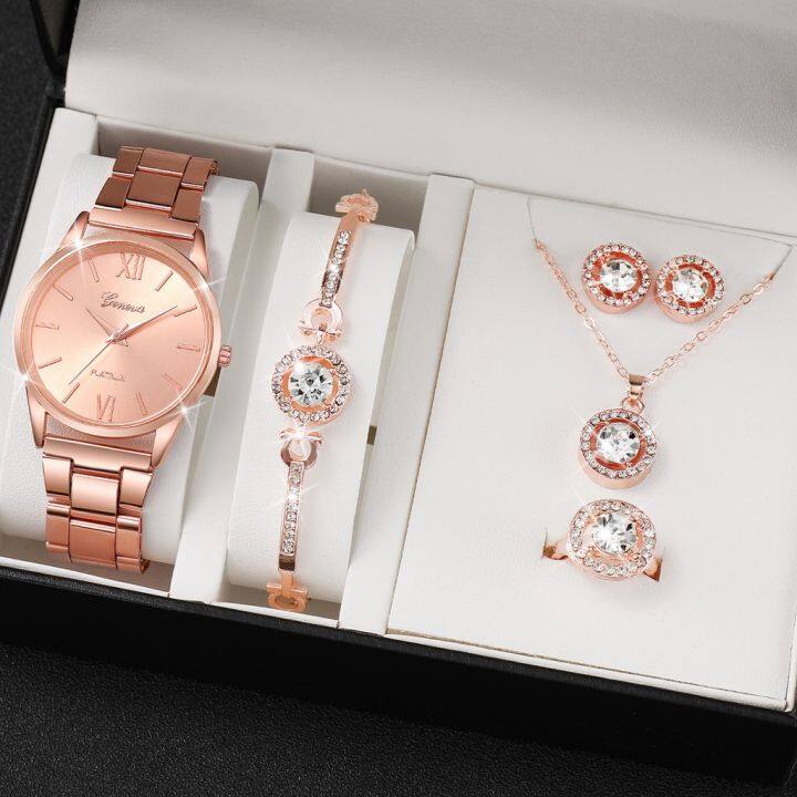 Jewelry Gift Set 5pcs Luxury Watch Necklace Earring Ring Set For Ladies