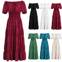 ผู้หญิงยุคกลางชุด Vintage Renaissance ปิดไหล่ชุด Pirate เครื่องแต่งกาย Wench ชุด Smocked เอว Maxi ยาว Dress