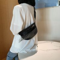 Fashion casual waist bag female net red same style single shoulder small bag foreign style rivet tassel diagonal bag wideband saddle trendy bag