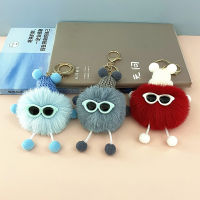 Wool Hat and Sunglasses Cute Fluffy Rabbit Fur Keychain Decoration Pom Pom Car Keyring Colorful Women Bag Pendant Best Gifts