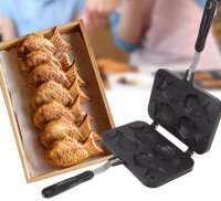 Taiyaki กระทะวาฟเฟิล อะลูมิเนียมอัลลอย สองด้าน 4 ช่อง ไม่ติดผิว พร้อมด้ามจับ กันลวก สีดํา สําหรับห้องครัว