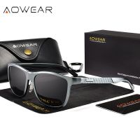 แว่นกันแดดโพลาไรซ์ทรงสี่เหลี่ยมอลูมิเนียมสำหรับผู้ชาย AOWEAR แว่นตาสำหรับกิจกรรมกลางแจ้งแว่นตากันแดดย้อนยุคคุณภาพระดับหรูหราของผู้ชาย