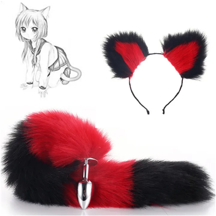 Cute Soft Cat Ears Headbands With 40cm Fox Tail Bow Metal Butt Plug Cosplay Accessories Toys For 0727