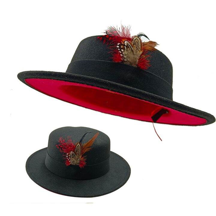 หมวก-fedoras-หมวกสองด้านสำหรับผู้ชายหมวกแจ๊ซผู้หญิงหมวกแก๊ปสีเครื่องประดับขนนกหมวกคาวบอยพร้อมปีกหงายขึ้น