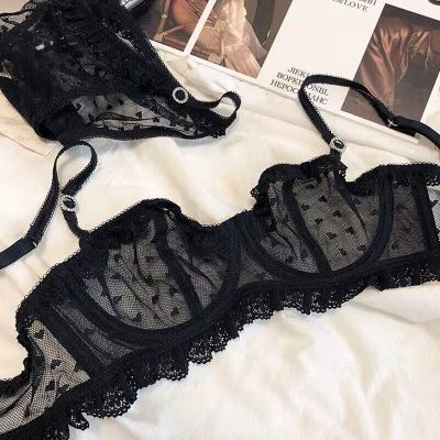 2023 Korean Transparent Heart Embroidery Mesh Bra And Briefs Set Underwear With Lace Half Cup Women Intimates Sexy Lingerie