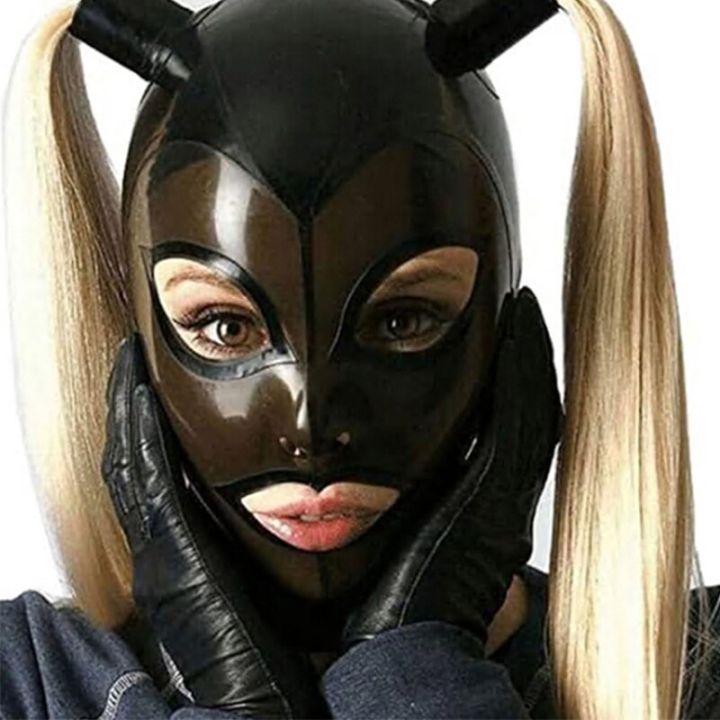 handmade-latex-mask-rubber-hood-black-with-transparent-black-2-wigs-fetish-open-eye-mounth-with-back-zipper-cosplay-costumes