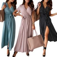 【CC】 Ladies 2020 dot Womens V-neck Wrap Dresses Front Split female Office