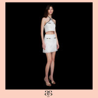 [asv aw23] Evie Eyelet Mini Skirt กระโปรงผู้หญิง ทรงเอ แต่งปีเก้ แต่งกระเป๋าหน้า แต่งกระดุมทอง  ผ้าฉลุลายดอกไม้