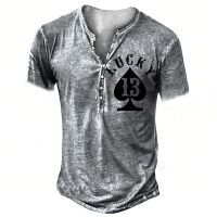 、’】【= Men Punk Style Short Sleeve Imitation T-Shirt Vintage Button V-Neck Oversized Poker Pattern Print Tops Tee Men Streetwear