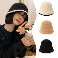 Black Knitted Basin Hats Color Contrast Plush Bucket Hat Japanese Autumn Winter Warm Fisherman Cap For Women Girl