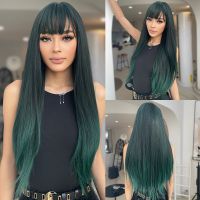 Long Straight Synthetic Wigs Blackish Green Wig With Bangs Colorful Cosplay Wigs for Black Women Natural Heat Resistant Hair Wig  Hair Extensions Pads