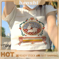 hanshi [2023 new HOT FASHION] lazlook เสื้อยืดพิมพ์ลายการ์ตูนผู้หญิงคอกลมแขนสั้นสลิมเสื้อครอป