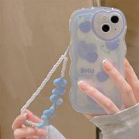 yqcx001 sell well - / Korean Cute Blue 3D Love Heart Pearl Bracelet Chain Sequin Wavy Case for iPhone 14 13 12 11 Pro Max X XS XR Kawaii Cover Funda