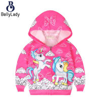 Girls Hooded Jacket Cartoon Unicorn Printing Long Sleeves Zipper Windproof Warm Outerwear【fast】