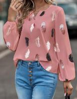 2023 Womens New Hot Selling Elegant Style Flare Sleeve V-Neck Feather Print Long Sleeve Loose T-Shirt Top