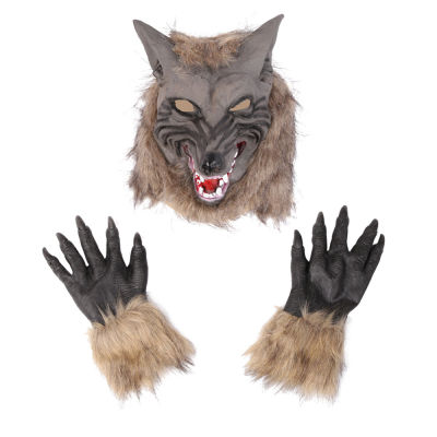 2021Creepy Wolf Costume Halloween Cosplay Wolf Mask Werewolf Claws Set Gloves Terror Devil Fancy Headdress Prank Props Wolf Headgear