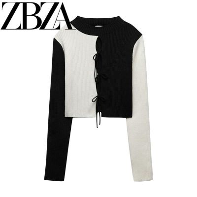สีขาวและดำสำหรับผู้หญิงเข้ากับคอกลมเสื้อคาร์ดิแกนแบบถักแขนยาว ROK High Waist ลำลอง ZA 6873106ฤดูใบไม้ร่วง