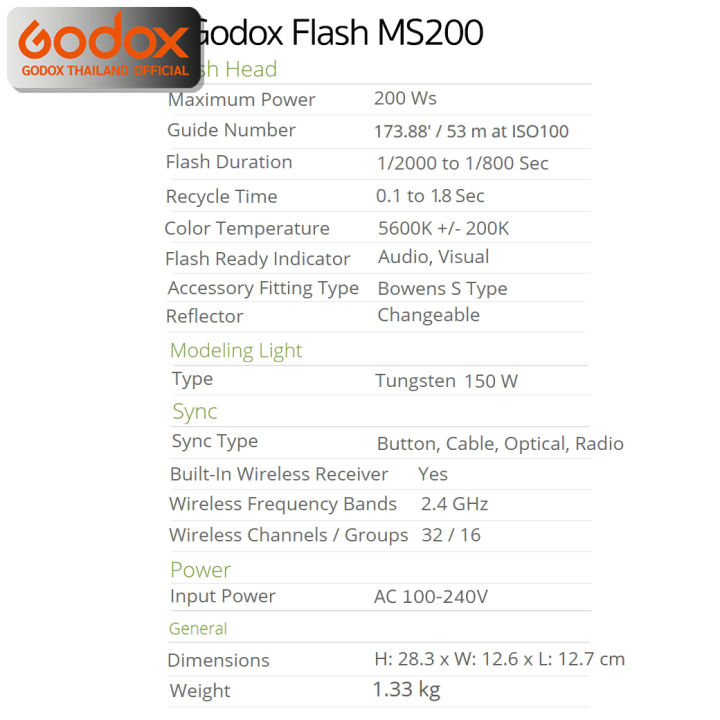 godox-flash-ms200-200w-5600k-bowen-mount-รับประกันศูนย์-godox-thailand-3ปี