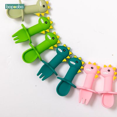 bopoobo Kids 1set Baby Feeding Silicone Fork Spoon Set Cartoon Soft Spoon Babies Products Complementary Food Training Childrens Tableware