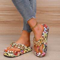 ✵ Women Summer Colorful Graffiti Newest Fashion Chain Flip-flops Sandal Slippers Shoes Woman Flat Platform Sandals Plus Size 43