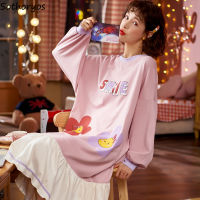 Nightgowns Women Plus Size 3XL Korean Style Round Neck Long Sleeve Cute Cartoon Sweet Sleeping Wear Loose Cozy Fashion New Sweet