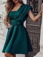 Women Green One Shoulder Flared Party Dress With Belt