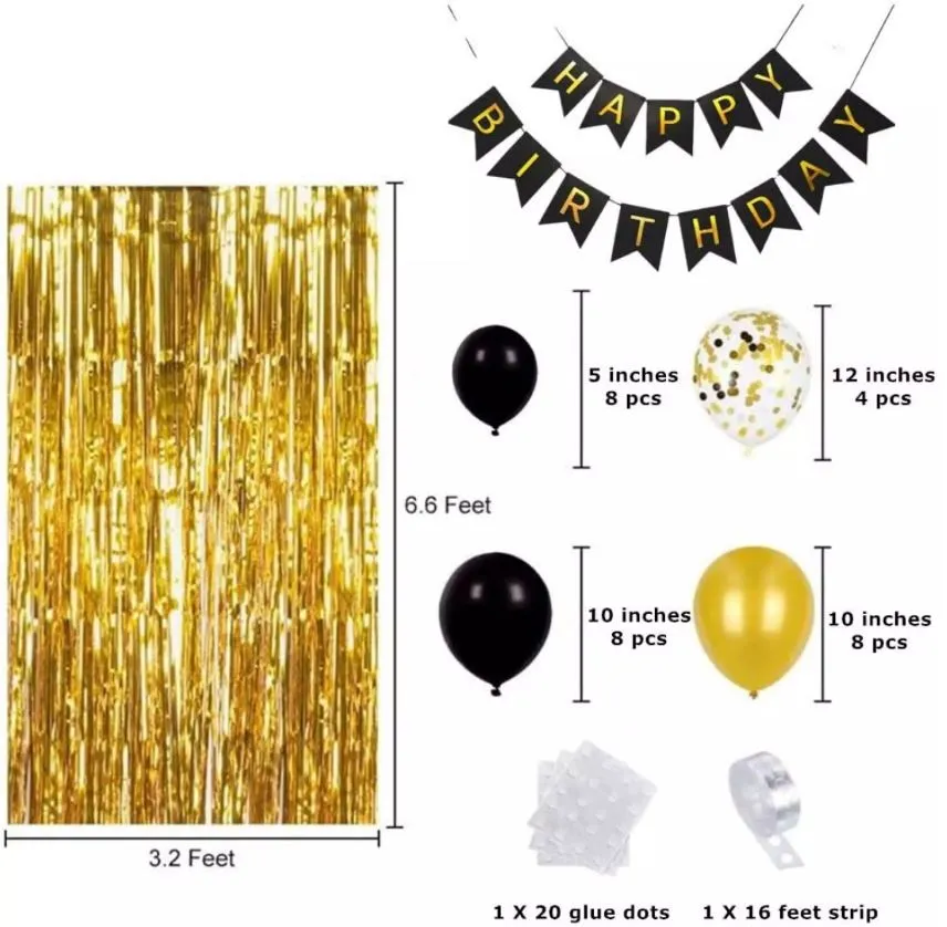 Banner Black, Gold Solid Happy Birthday With Balloons And Curtain Fringe  For Birthday Party Decoration (Set Of 33)