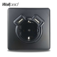 Wallpad Z6 EU ปลั๊กไฟซ็อกเก็ตเต้าเสียบไฟฟ้าพร้อม USB 2 พอร์ต USB แผ่นสแตนเลสสีดำพร้อมกรงเล็บพอดีกับกล่อง EU-Xiaan Store