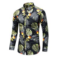 แขนยาวเสื้อเบลาส์ชายหาดแบบลำลองขนนกเสื้อฮาวายเสื้อลายพิมพ์3มิติใบปาล์มเสื้อสตรีคอปกเสื้อแฟชั่นผู้ชาย