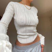 Crinkled Textured Pullover Long Sleeve Y2k Crop Tops for Women T-Shirts Crew Neck Corset Slim Elegant White Sexy Hot Girls 23666