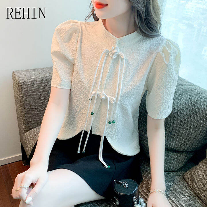 rehin-women-s-top-courtly-single-row-plate-button-tassel-short-sleeve-shirt-traditional-retro-elegant-blouse