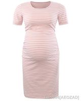 ☾☄♧ Vestido de maternidade listrado feminino gola redonda manga curta europeu e americano novo