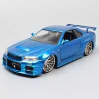 ไม่มีกล่องขนาด124 Jada Brian Nissan SkyLine R34 GTR 2002 Diecast รถโลหะรถแข่งกีฬารุ่น Fast And Furious Blue