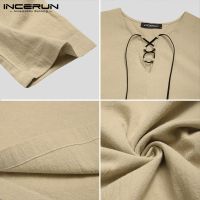 Incerun เสื้อยืดแฟชั่นผู้ชาย ผ้าฝ้าย แขนยาว ผูกเชือก แบบเรียบ ทรงหลวม