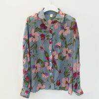 แฟชั่นเสื้อลําลองสําหรับสตรีผ้าชีฟองแขนยาวคอวีลายดอกไม้สไตล์เกาหลี