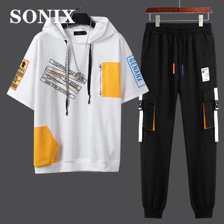 hnf531-sonix-เสื้อสเวตเตอร์มีฮู้ดผู้ชายเสื้อสเวตเตอร์แขนสั้นสไตล์ญี่ปุ่นเทรนด์ลำลอง2ชิ้นแฟชั่นวัยรุ่นสูทกีฬาเกาหลีสำหรับฤดูร้อน