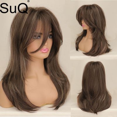 【jw】✑●  SuQ Synthetic Wigs for Ombre Blonde Wig with Bangs Wavy Resistant