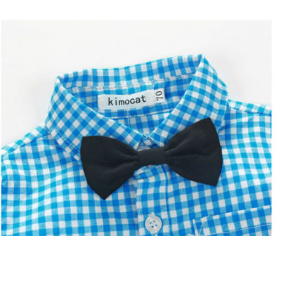 Boiiwant 0-24M Formal Fashion 2Pcs Infant Baby Boy Bow Tie Plaid Blue Shirt Tops Suspender Pants Trousers Gentleman Outfits Sets