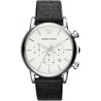 นาฬิกาข้อมือผู้ชาย EMPORIO ARMANI Classic Chronograph White Dial Black Leather Mens Watch AR1810