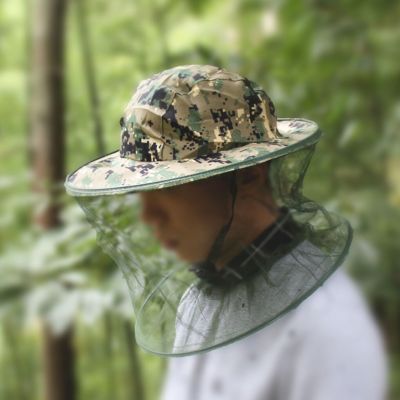 ：“{—— Unisex Camouflage Fishing Net Mesh Caps Head  Protector Midge Mosquito Bug Insect Prevention Outdoor Hunting Sun Hat