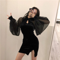 【CW】Women Wedding Evening Dress R Sexy Slim Mini Gothic Vintage Qipao Party Club Bodycon Mesh Long Sleeve Cheongsam Velvet Black