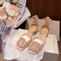 HOT★Summer Square Headed High Heel Shoes 2023 New Hollow Womens Shoes with Diagonal Buckle Shallow Mouth Thick Heel Sandals Women