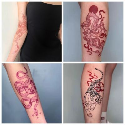 New Red Black Dragon Tatoo Sticker Waterproof Men and Women Tiger Snake Bird Flower Arm Temporary Fake Tattoo Art Fashion Tattoo