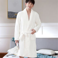 Men Winter Thicken Long Cozy Flannel Bathrobe Kimono Soft Warm White Bath Robe Night Robes Dressing Gown Men Sleepwear Pajamas