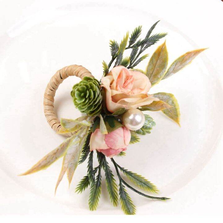 double-rose-napkin-rings-set-of-8-pink-flower-napkin-rings-with-berries-and-green-leaves-handmade-napkin-ring-holders