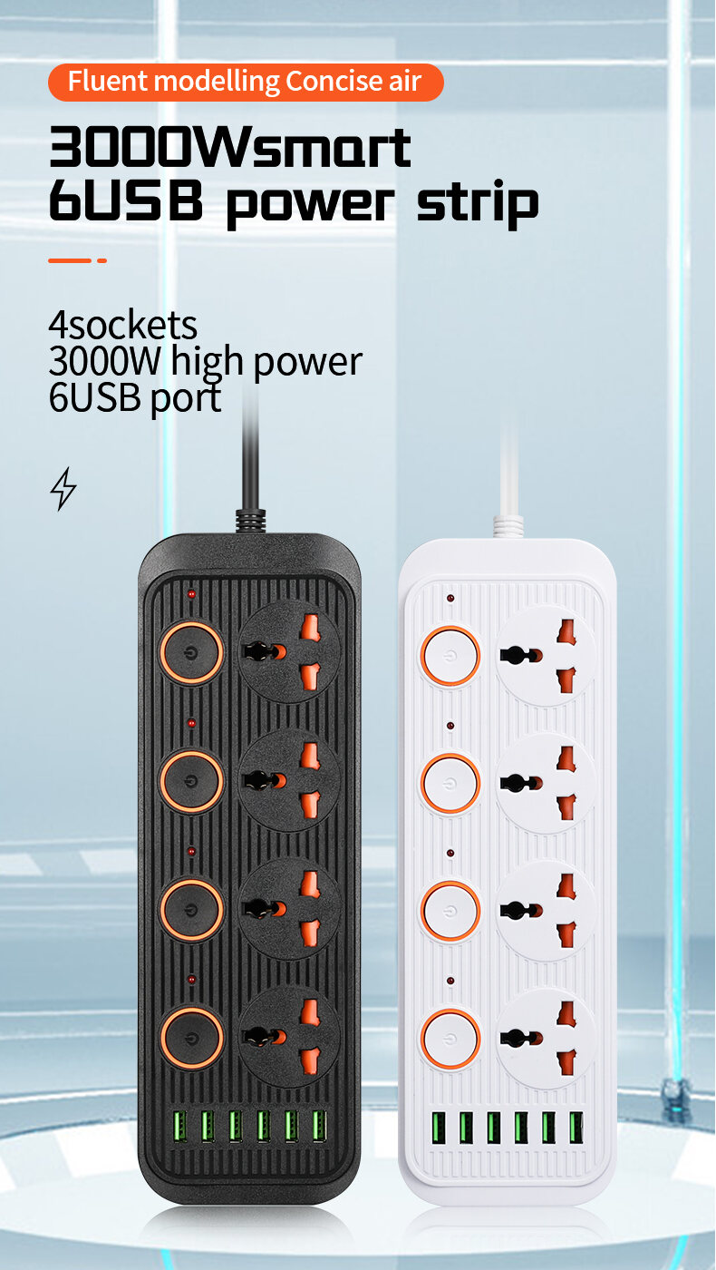 [Local Stock] 3000W Power Strip 6 USB QC3.0 Ports Fast Charging UK Extension Wire 5 ports Power Socket UK PLUG Power Extension With 2Meter 5Meter